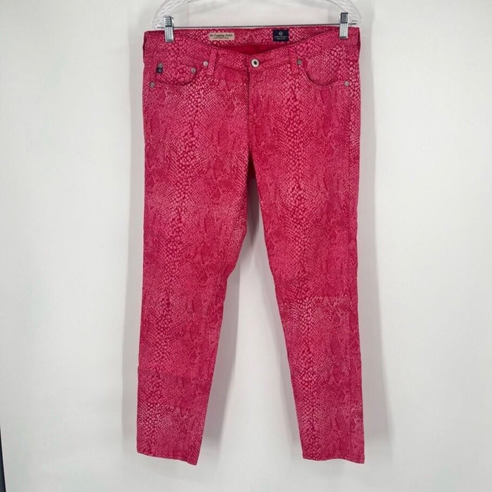 RARE! AG legging ankle. Pink and red snake print pattern on cotton denim.